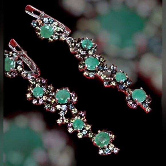 925 Sterling Silver Earrings 4.5cm with Natural Emerald 4mm & Sapphire Gemstone. - Picture 4 of 10